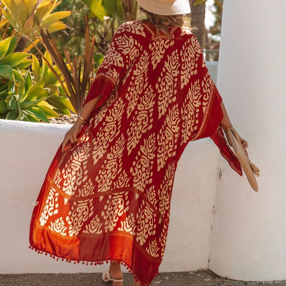 🚨 1 LEFT! VENITIA Rust Damask Boho Pom Pom Kimono - Picture 4 of 7